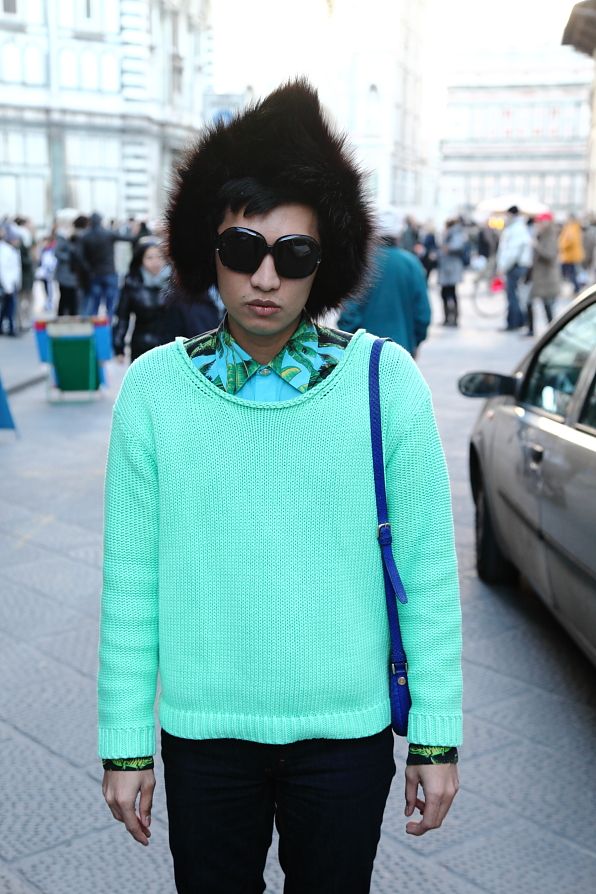 Bryanboy wearing a mint Acne sweater in Florence