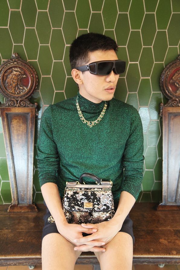 Bryanboy wearing a Prada lurex turtleneck and Dolce & Gabbana Mini Miss Sicily Sequined Bag