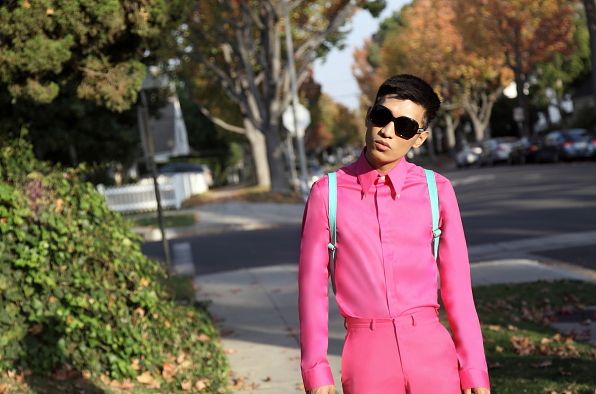 Bryanboy in Los Angeles wearing a pink outfit from Versace x H&M