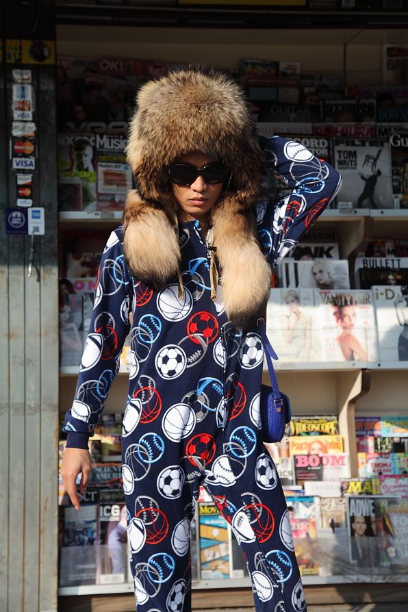 Bryanboy wearing a printed sleepsuit