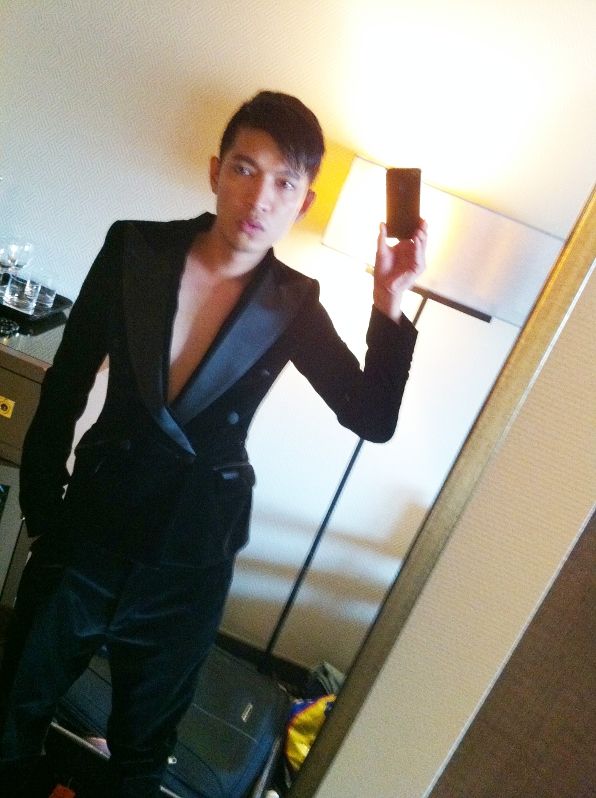 Bryanboy wearing a black velvet tuxedo from Dolce & Gabbana fall winter 2011