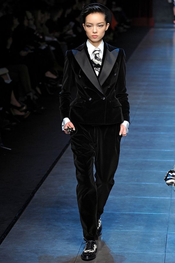 A velvet tuxedo runway look from Dolce & Gabbana fall winter 2011 fashion show