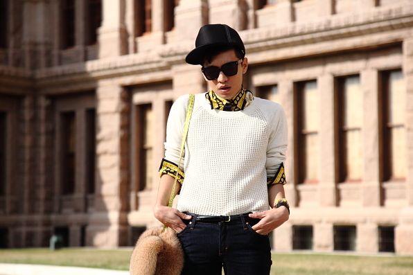 Bryanboy wearing a printed Versace shirt and J Crew sweater