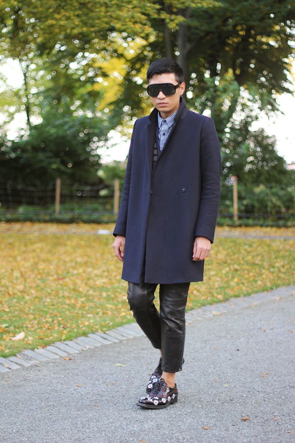 Bryanboy wearing Acne leather pants in Stockholm