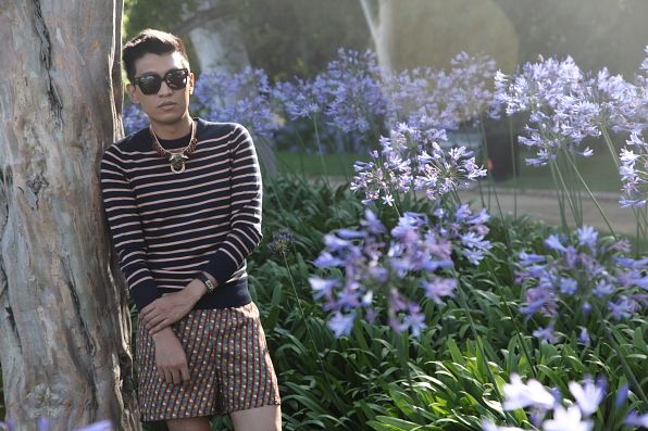 Bryanboy in a garden in Beverly Hills