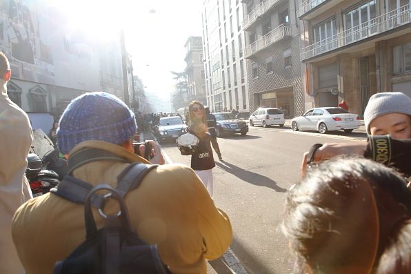 Anna dello Russo carrying a Moschino backpack from their fall winter 2012 collection