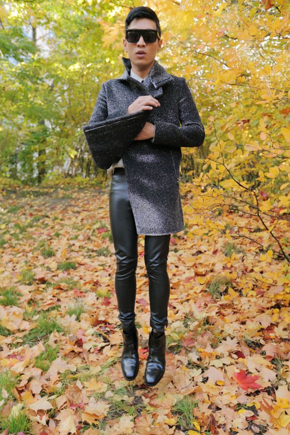 Bryanboy wearing a silver shirt by Michael Angel and a silver coat by Costume National