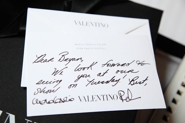 A notecard from Maria Grazia Chiuri and Pier Paolo Piccioli to Bryanboy