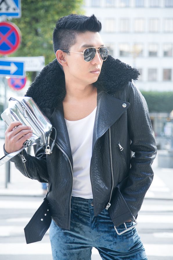Acne Mape leather biker jacket worn by Bryanboy in Stockholm