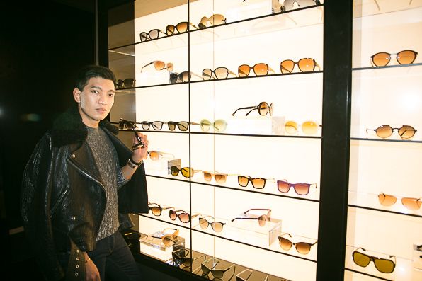 Bryanboy trying sunglasses at Armani Fifth Avenue New York City