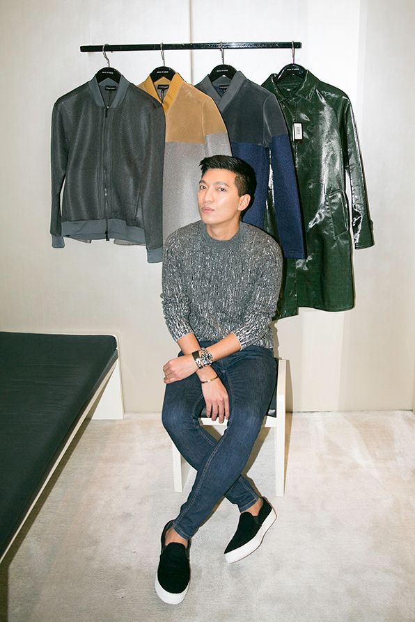 Bryanboy inside his dressing room at the Giorgio Armani Fifth Avenue flagship boutique