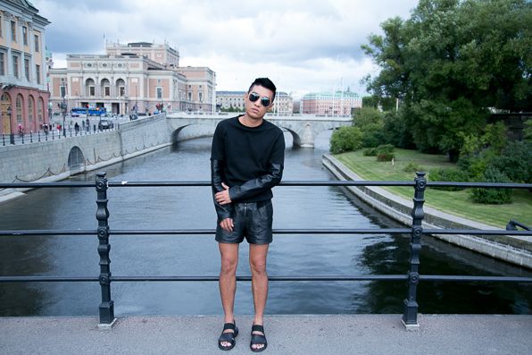 Black Kris van Assche sandals worn by Bryanboy in Stockholm