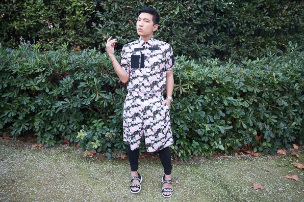 Bryanboy in a Givenchy shirt, Givenchy shorts and Givenchy chain sandals