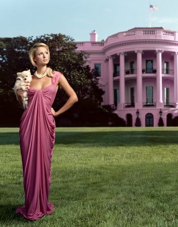 Paris Hilton for President photo posing with a pink white house on the background.