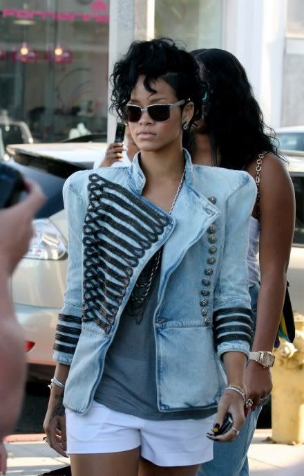 Rihanna in Balmain denim military jacket