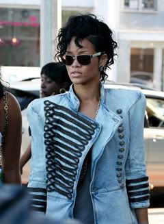 Rihanna wears Balmain Spring Summer 2009 denim military jacket.