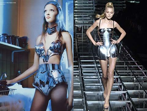 Masha Tyelna in Thierry Mugler for Dazed & Confused Magazine, Jessica Stam in metal corset Dolce & Gabbana Spring 2007